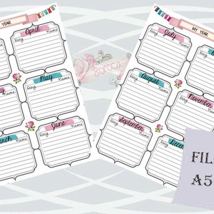 May include: Printable A5 size planner pages with a floral design. The pages are divided into 12 sections, one for each month of the year. Each section has space to write the day, name of the event, and notes.
