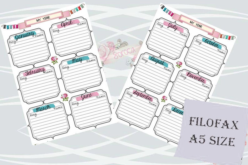 May include: Printable A5 size planner pages with a floral design. The pages are divided into 12 sections, one for each month of the year. Each section has space to write the day, name of the event, and notes.