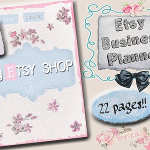 Puede incluir: Un planificador de negocios de Etsy imprimible en rosa y azul con un diseño floral y el texto "My Etsy Shop" y "Etsy Business Planner". El planificador es de tamaño A5 y tiene 22 páginas.