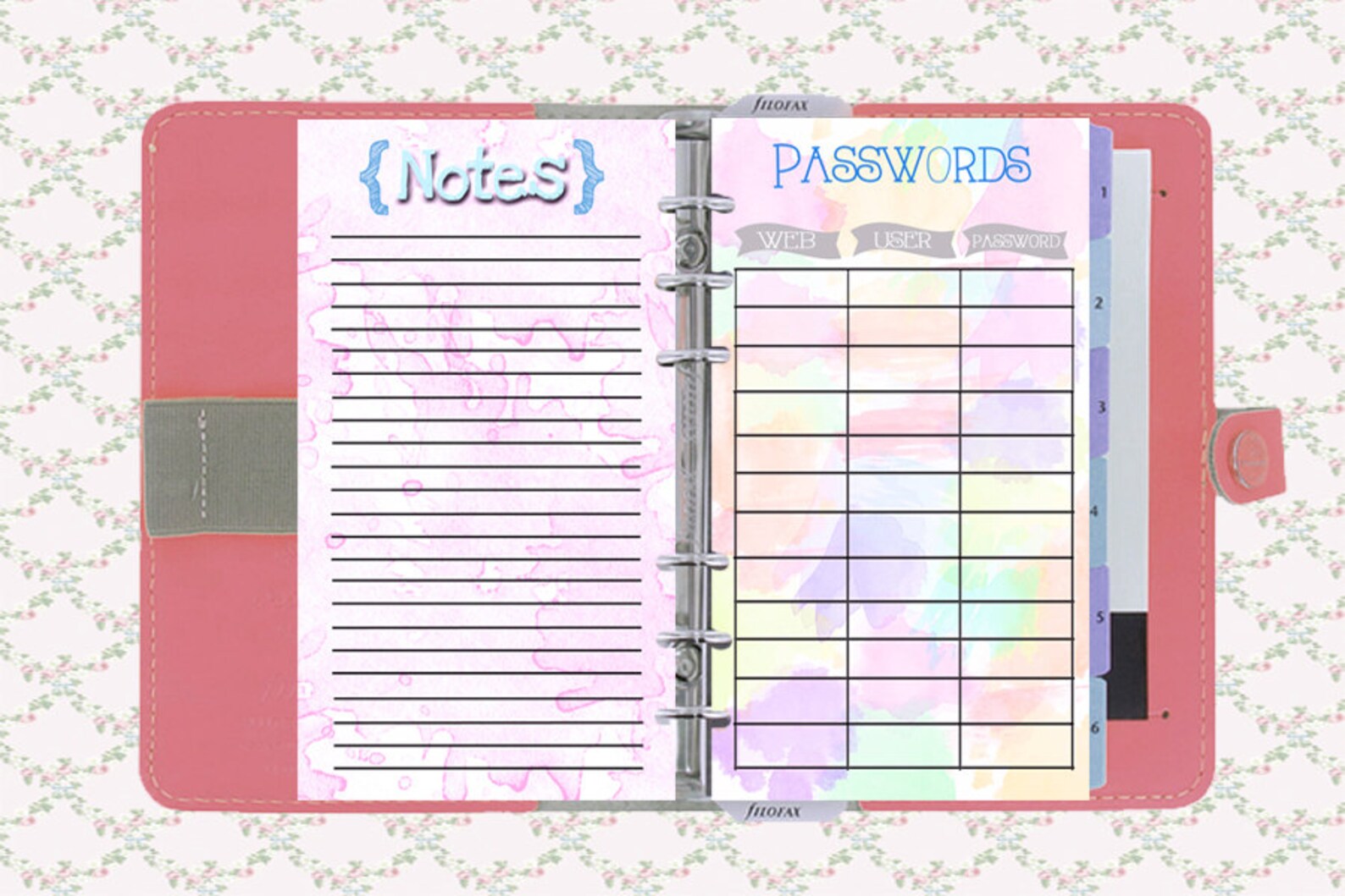 A5 Filofax Printable 2 Page Monthly Calendar , Passwords, Notes, 4 ...