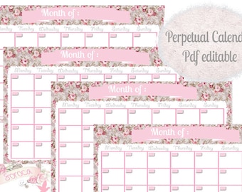 Printable Calendar planner, perpetual calendar,editable PDF, 8 1/2 by 11 inch paper , cute design ,Monthly calendar, Instant Download!