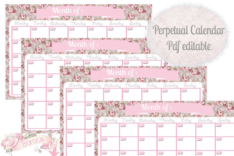 Printable Calendar Planner, Perpetual Calendar,editable PDF, 8 1/2 by ...
