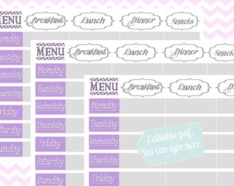 Weekly menu planner printable, Perpetual planner,editable PDF, A4 Paper, cute purple design, Instant Download!