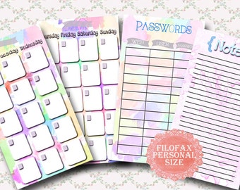 Personal Filofax printable 2 page monthly calendar , passwords, notes, 4 insert pages cute watercolor design, Instant Download!