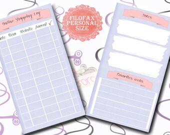 Filofax personal size, Online Shopping Log , shopping tracker,Purchases list, 2 insert pages cute design, Instant Download!