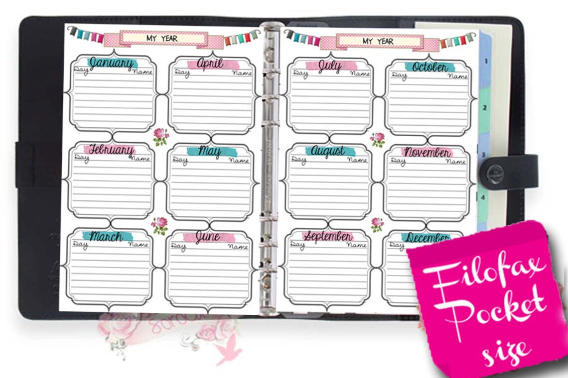 Filofax Pocket Size Printable Year on 2 Pages 2 Insert Pages - Etsy