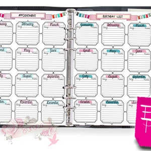 Filofax pocket size, printable birthday appointment list, 2 insert pages cute design, Instant Download!