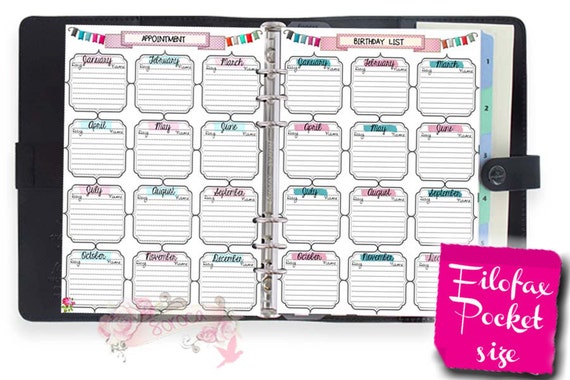 Filofax Pocket Size, Printable Birthday Appointment List, 2 Insert Pages  Cute Design, Instant Download 