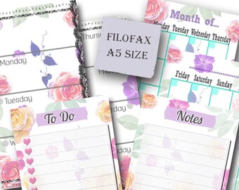 Filofax A5 printable kit flower, week, month, to-do and notes,refill, filofax inserts,6 planner pages, Instant Download, PDF!