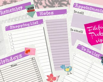 May include: A set of printable planner pages in a purple and white color scheme. The pages include sections for to-do lists, appointments, birthdays, shopping lists, and notes. The pages are designed for a Filofax pocket size planner.