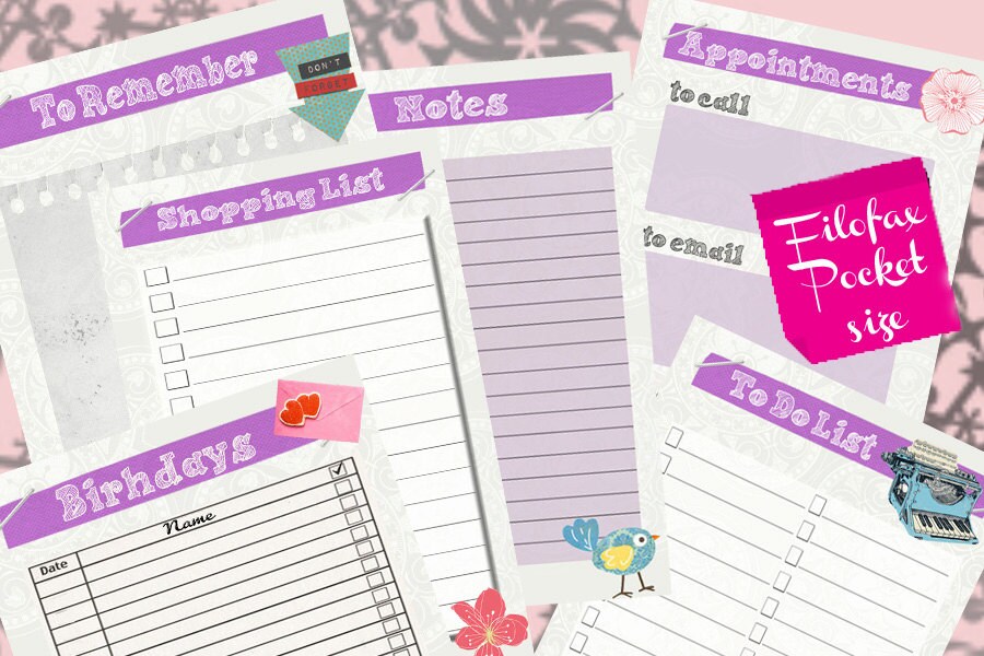 Filofax Pocket Printable Kit Purple, Home Management,6 Planner Pages ...