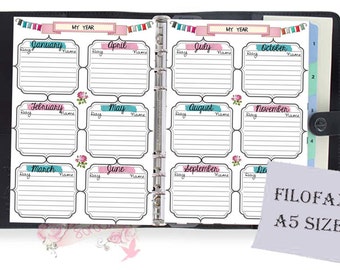 Filofax A5 size, printable year on 2 pages, 2 insert pages cute design, Instant Download!