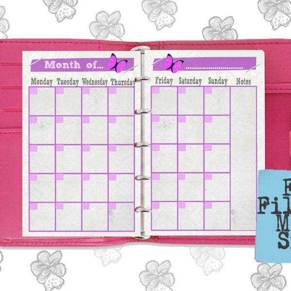 Filofax Mini printable month on 2 page purple,2 planner pages, Instant Download, PDF !