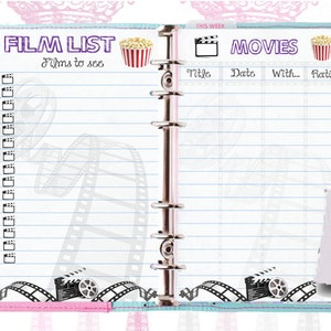 Filofax inserts movies and films list, A5 size, 2 insert pages cute design, Instant Download image 1