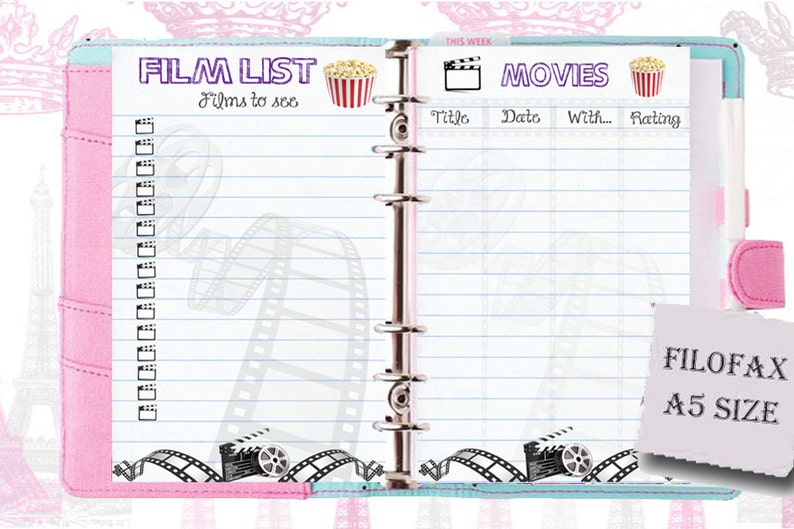 Filofax inserts movies and films list, A5 size, 2 insert pages cute design, Instant Download image 1