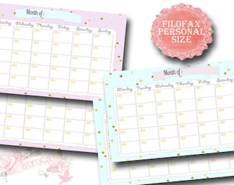 Filofax Personal Printable Calendar planner, perpetual calendar , PDF, cute design ,Monthly calendar, Instant Download!