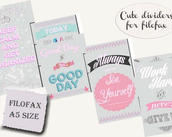 Dividers A5 Filofax printable , filofax quotes insert pages, Filofax dashboards with tabs, Set of 4, cute design, Instant Download!