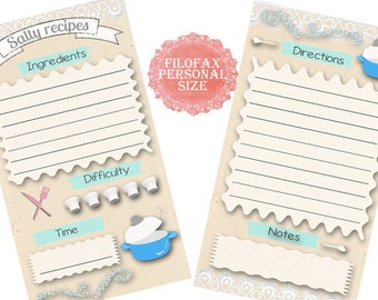 Filofax Personal recipe pages ,insert planner pages,salty recipes, cute designs , Instant Download!