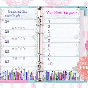 Filofax personal size, books tracker, 2 insert pages cute design, Instant Download!