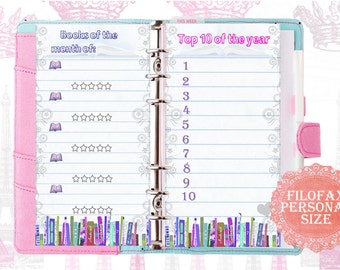 Filofax personal size, books tracker, 2 insert pages cute design, Instant Download!