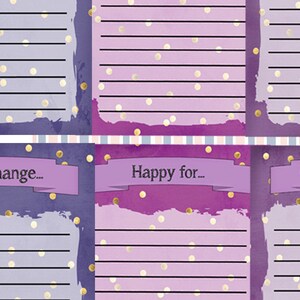 Puede incluir: P&aacute;ginas de planificador imprimibles de color morado y rosa con confeti dorado y secciones rayadas. Las secciones est&aacute;n etiquetadas como "Need to change...", "Happy for..." y "GOALS...".
