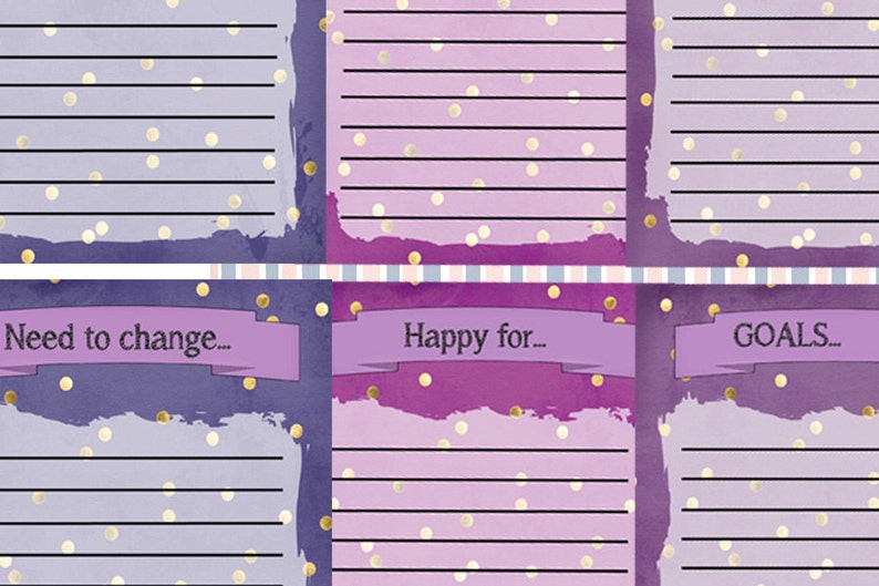 Puede incluir: P&aacute;ginas de planificador imprimibles de color morado y rosa con confeti dorado y secciones rayadas. Las secciones est&aacute;n etiquetadas como "Need to change...", "Happy for..." y "GOALS...".