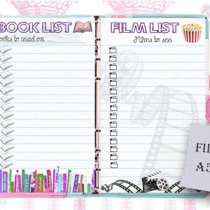 Filofax A5 size, books and films list, 2 insert pages cute design, Instant Download!