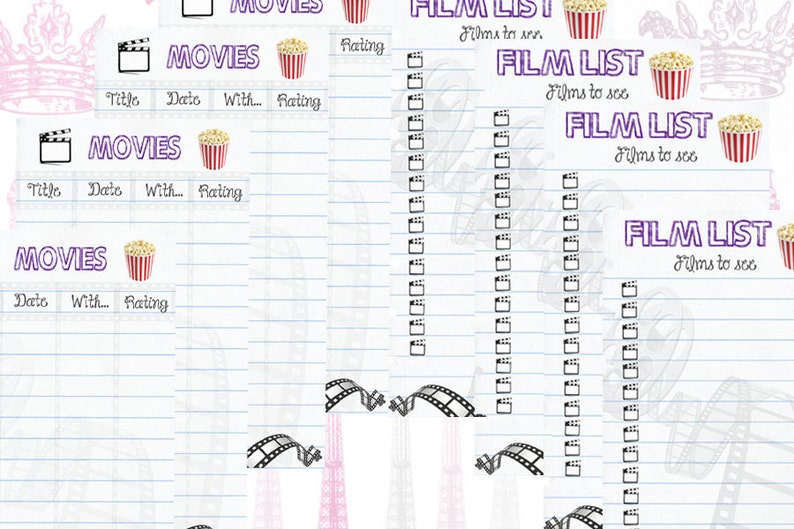 Filofax inserts movies and films list, A5 size, 2 insert pages cute design, Instant Download image 2