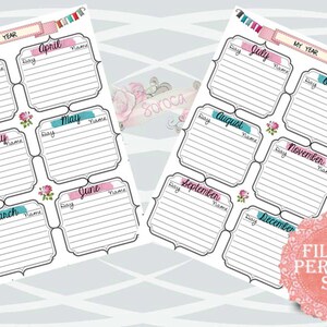Filofax Personal Size, Printable Year on 2 Pages, 2 Insert Pages Cute ...