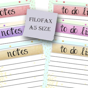 A5 Filofax printable To do list and Notes, 3 colors, 6 insert pages cute design, Instant Download!