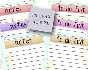 A5 Filofax printable To do list and Notes, 3 colors, 6 insert pages cute design, Instant Download!