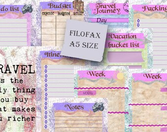 Filofax A5 Travel Planner, vacation planner,Packing , Itinerary, Trip Journal, Travel Budget,10 planner pages, Instant Download, PDF!