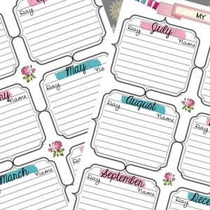 May include: A printable calendar template with a floral design. The calendar is divided into 12 sections, one for each month of the year. Each month has a space for the day, name, and notes. The calendar is decorated with pink and blue washi tape.