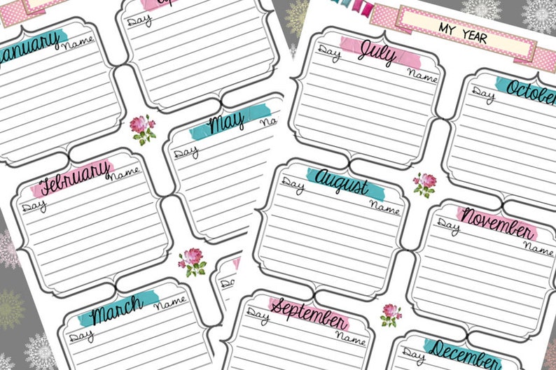 May include: A printable calendar template with a floral design. The calendar is divided into 12 sections, one for each month of the year. Each month has a space for the day, name, and notes. The calendar is decorated with pink and blue washi tape.