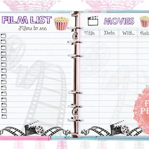 Filofax inserts movies and films list, Personal size, 2 insert pages cute design, Instant Download!