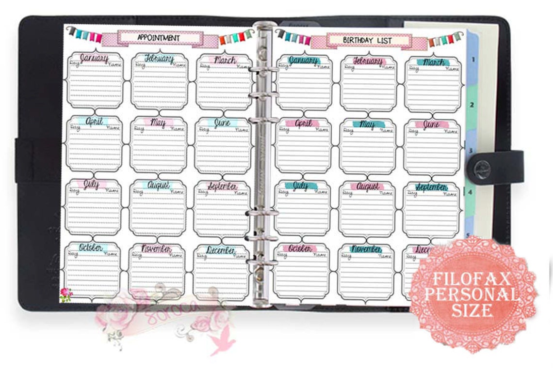Filofax Personal Size, Printable Birthday Appointment List, 2 Insert ...