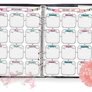 Filofax personal size, printable birthday appointment list, 2 insert pages cute design, Instant Download!