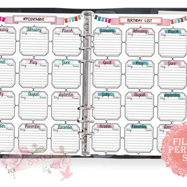 Filofax personal size, printable birthday appointment list, 2 insert pages cute design, Instant Download!