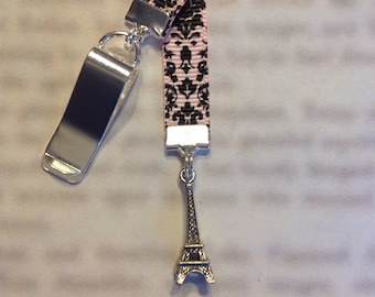 Eiffel Tower Bookmark / Paris / French Attachable Bookmark - Special clip attaches to cover, ribbon marks your page!
