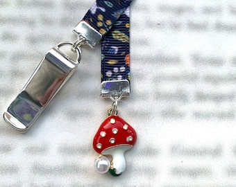 Mushroom Toadstool Cute Attachable Bookmark - Special clip attaches to cover, ribbon marks your page, never lose your bookmark again!