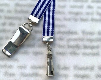 Lighthouse Attachable Bookmark, Nautical Boating Gift- Special clip attaches to cover, ribbon marks your page, never lose your bookmark!