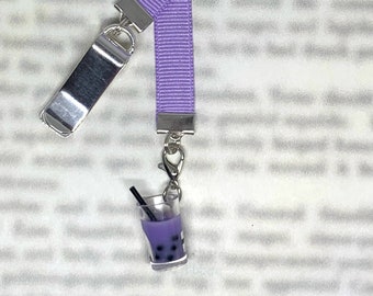 Boba Tea, Bubble Tea attachable bookmark - Special clip attaches to cover, ribbon marks your page, never lose your bookmark again!