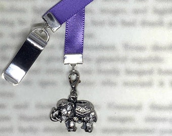 Elephant Attachable Bookmark - Special clip attaches to cover, ribbon marks your page, never lose your bookmark again!