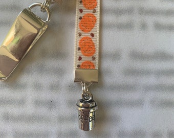 Pumpkin Spice Latte bookmark Coffee Lover bookmark  - Clip to book cover then mark the page with ribbon and charm Never lose your bookmark