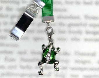 Frog attachable bookmark - Special clip attaches to cover, ribbon marks your page, never lose your bookmark again!