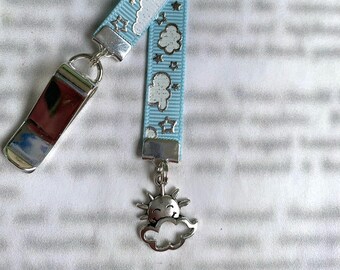 Sun & Cloud, Sun Face Bookmark - Attach special silver clip to book cover then mark the page with the ribbon. Never lose your bookmark!