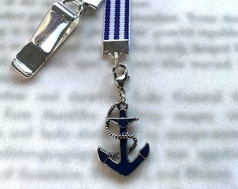 Anchor Boating Naval Nautical Attachable Bookmark - Special clip attaches to cover, ribbon marks your page, never lose your bookmark again!