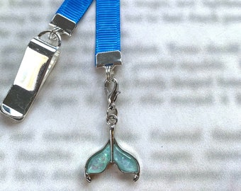 Whale Tail attachable bookmark - Special clip attaches to cover, ribbon marks your page, never lose your bookmark again!
