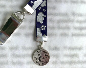 Love You To The Moon Bookmark, Lunar Crescent Moon Bookmark - Attach clip to book cover then mark the page with the ribbon
