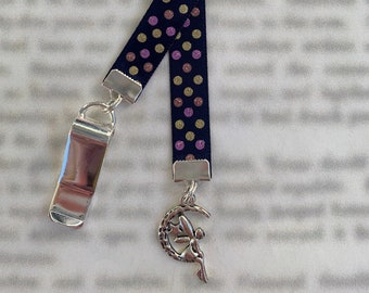 Fairy Sitting on Crescent Moon Charm bookmark - Attach clip to book cover then mark your page with the ribbon. Never lose your bookmark!